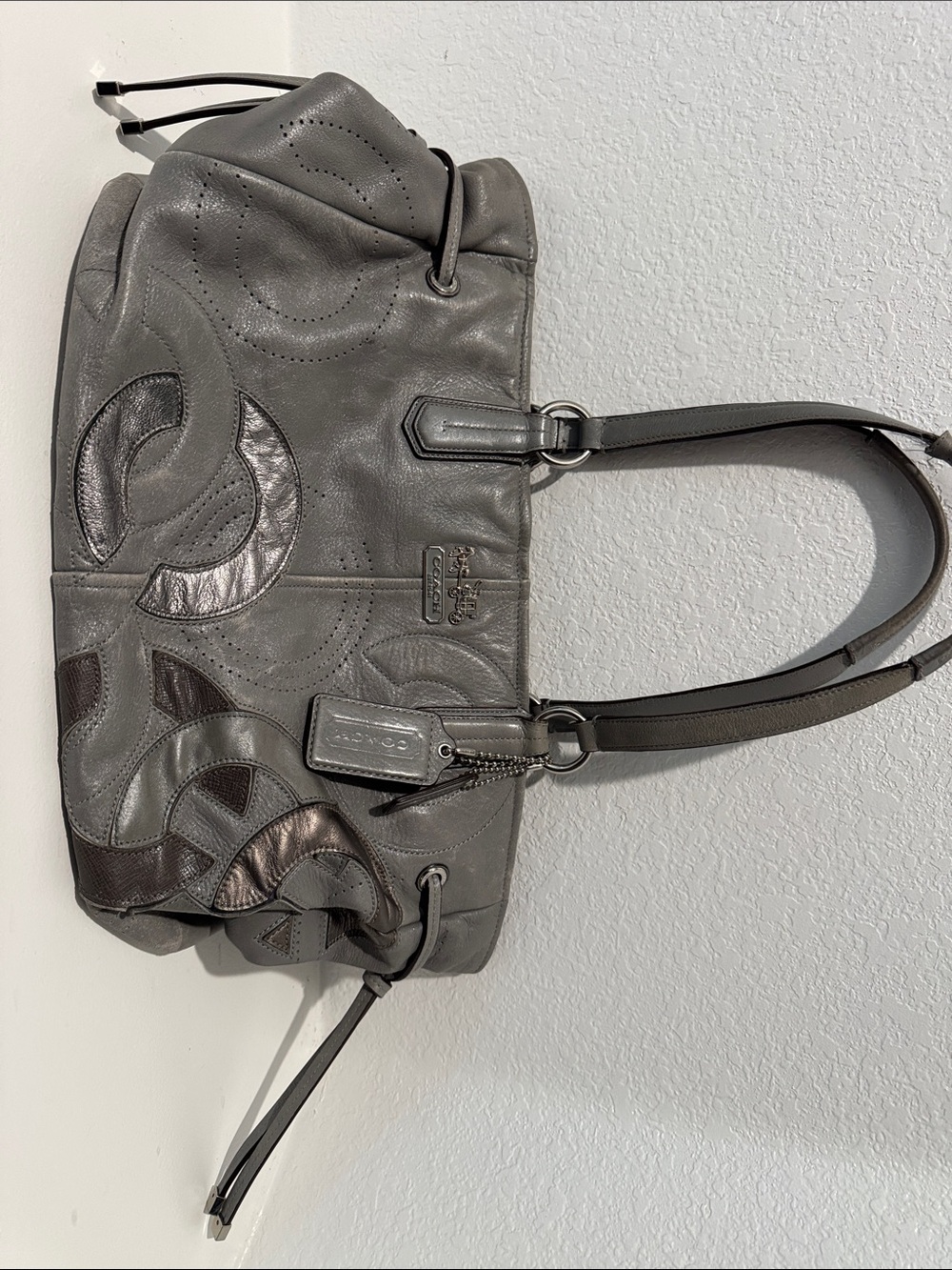 Coach Gray Leather Shoulder Bag with Curved Patchwork